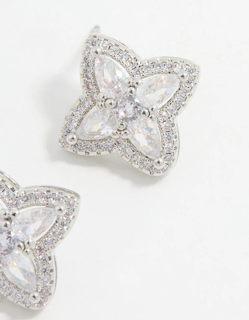 Silver Cubic Zirconia Marquise Flower Stud Earrings
