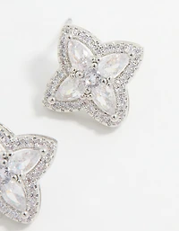 Silver Cubic Zirconia Marquise Flower Stud Earrings