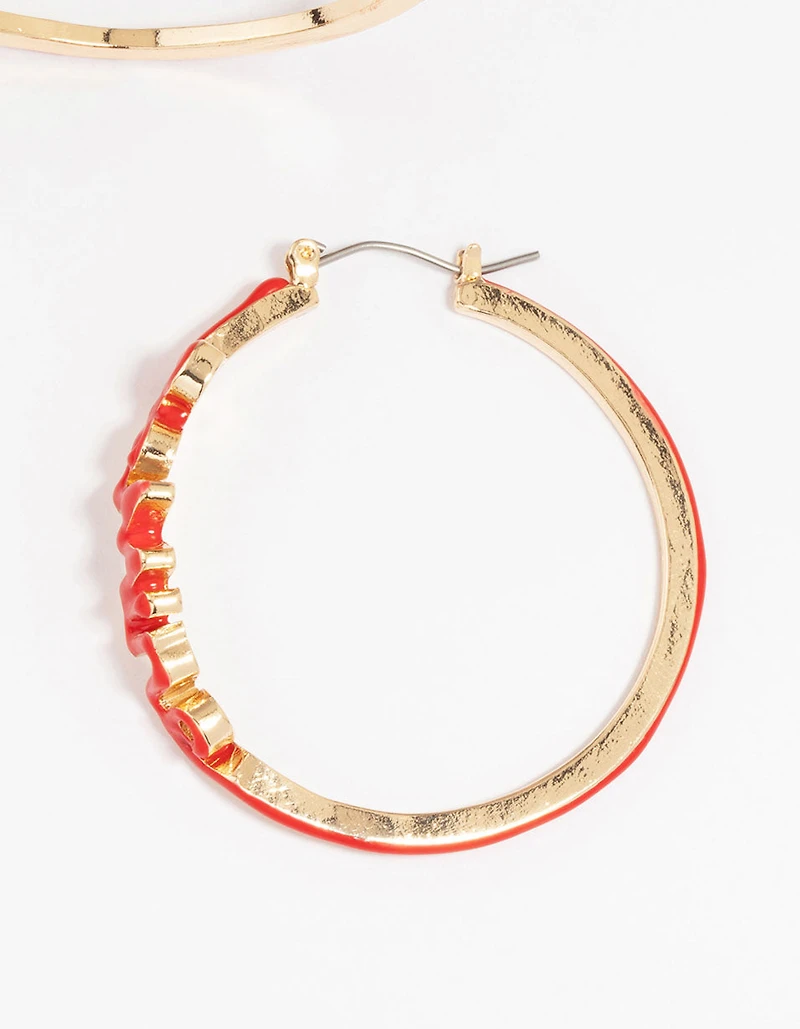 Gold Red Be Mine Hoop Earrings