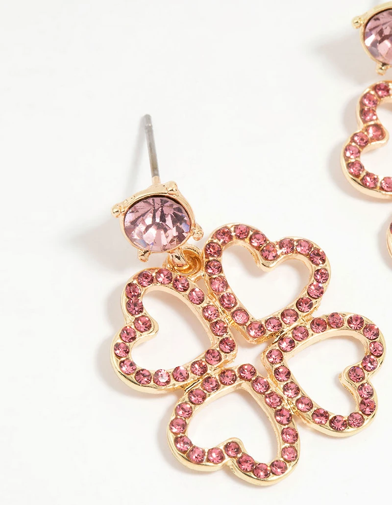 Gold Pink Diamante Lucky Heart Drop Earrings