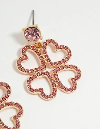 Gold Pink Diamante Lucky Heart Drop Earrings