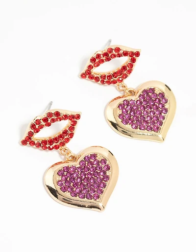 Gold Diamante Kiss & Heart Drop Earrings