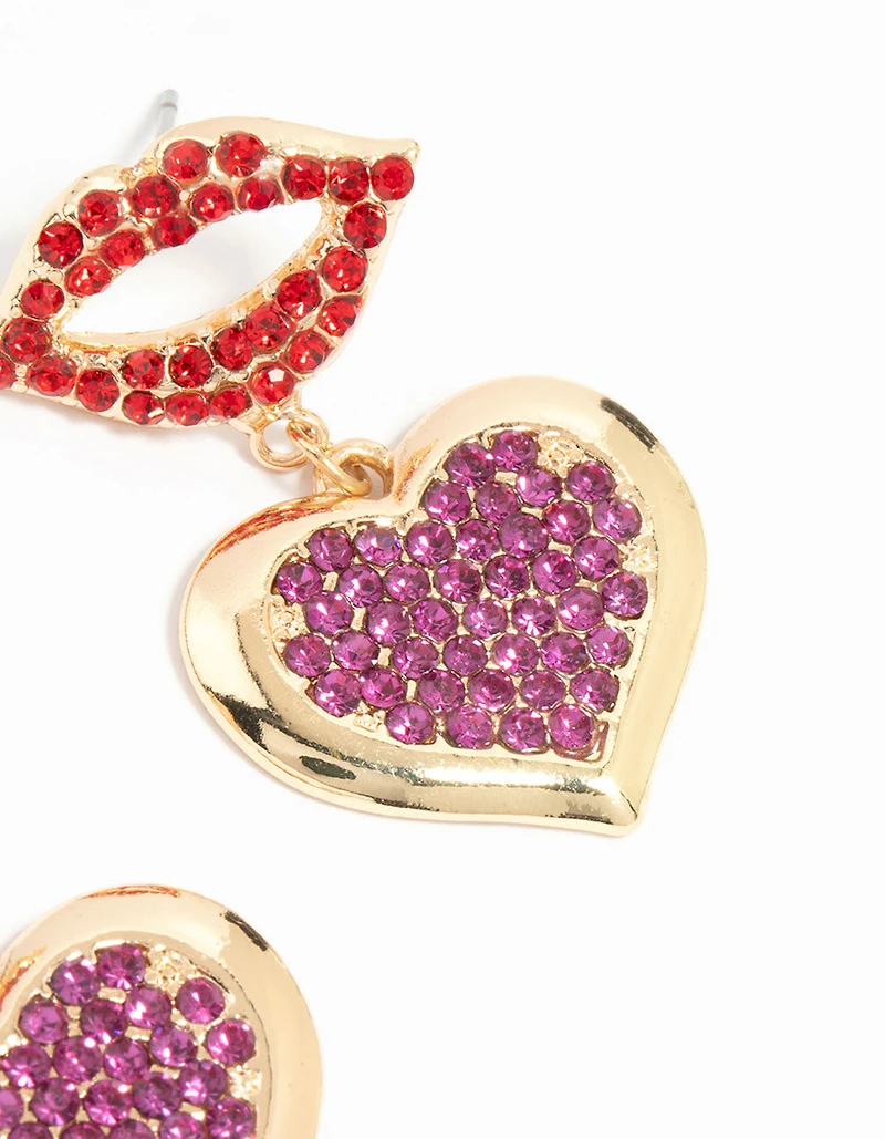 Gold Diamante Kiss & Heart Drop Earrings