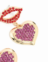 Gold Diamante Kiss & Heart Drop Earrings