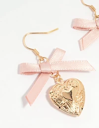 Gold Heart Locket & Pink Bow Drop Earrings