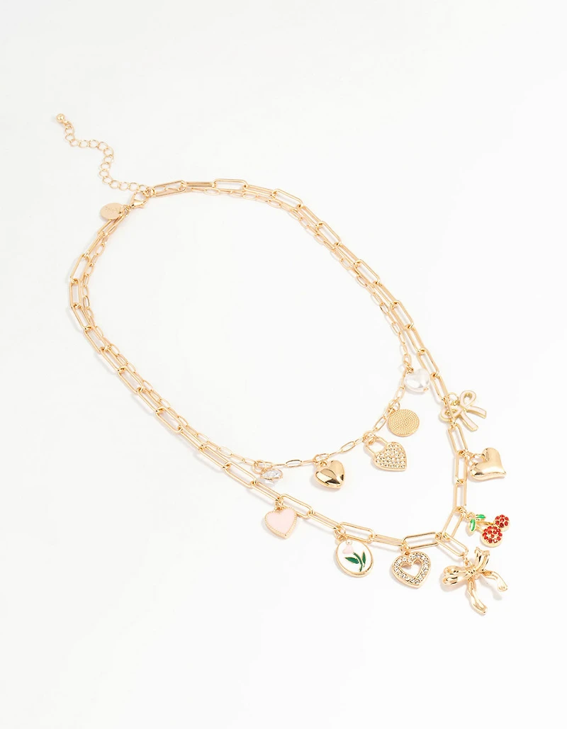 Gold Heart & Bow Charm Necklace