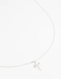 Silver Plated Cubic Zirconia Mini Cross Pendant Necklace