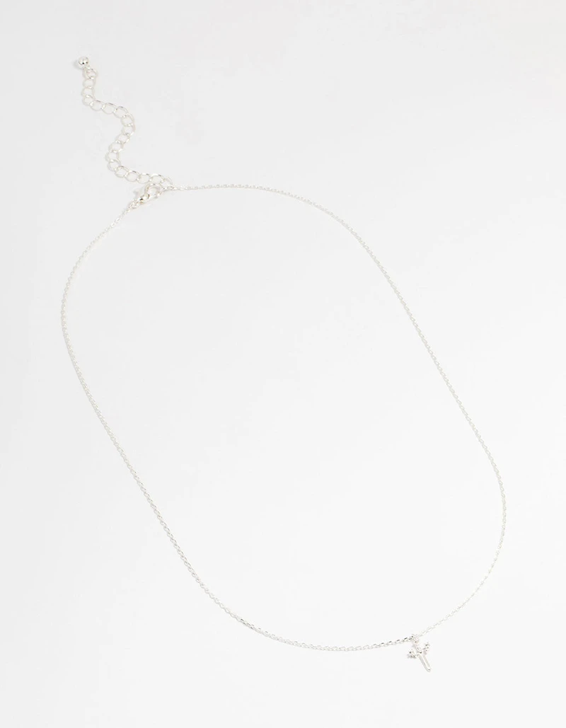 Silver Plated Cubic Zirconia Mini Cross Pendant Necklace