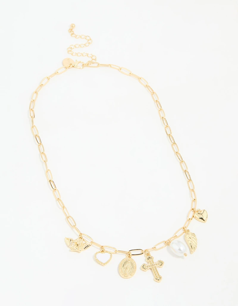 Gold Plated Cross & Pearl Charm Necklace