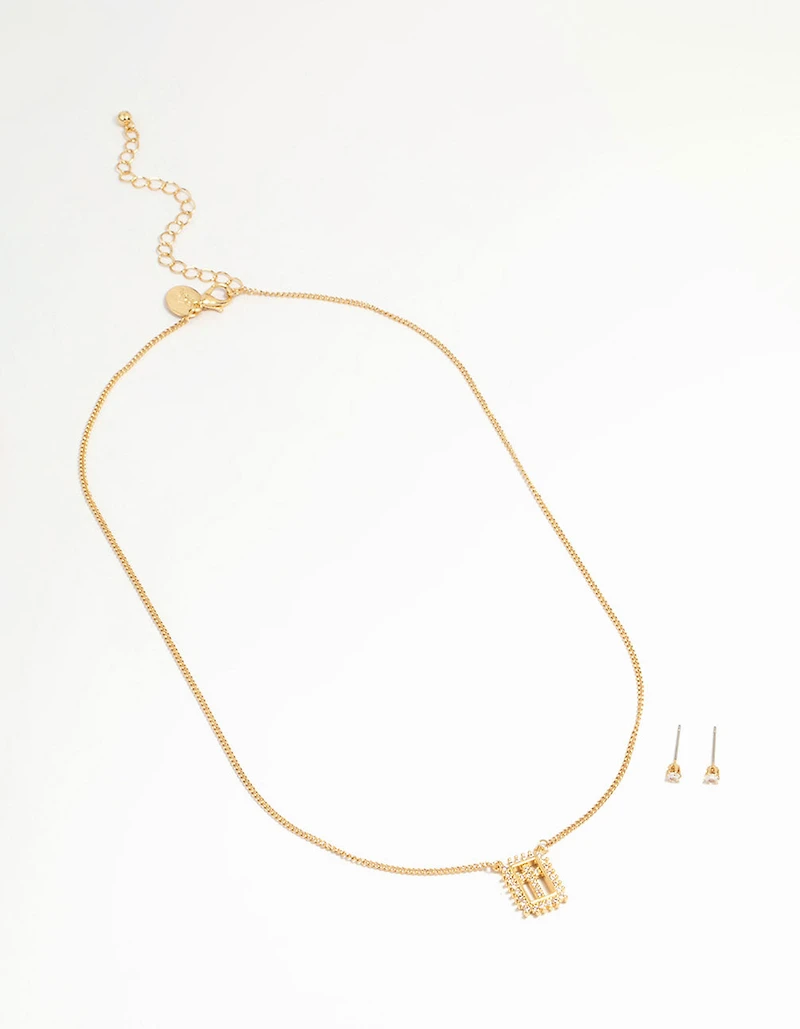Gold Plated Cubic Zirconia Cross Necklace & Stud Earrings Set