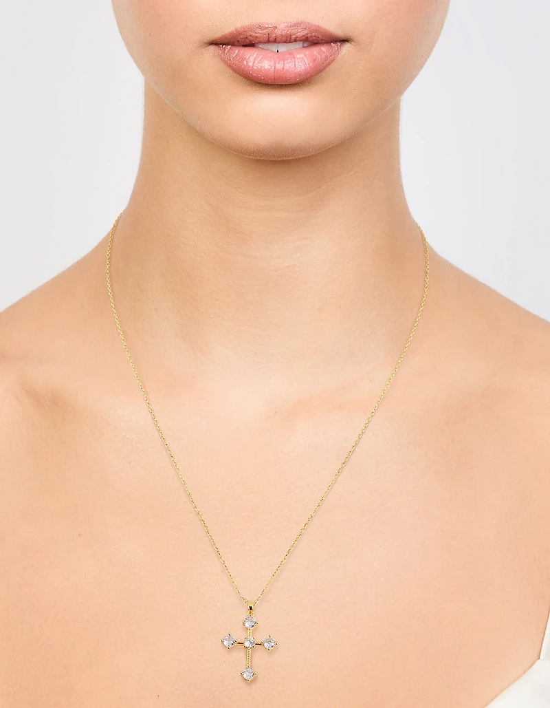 Gold Plated Cubic Zirconia Gothic Cross Necklace & Stud Earrings Set