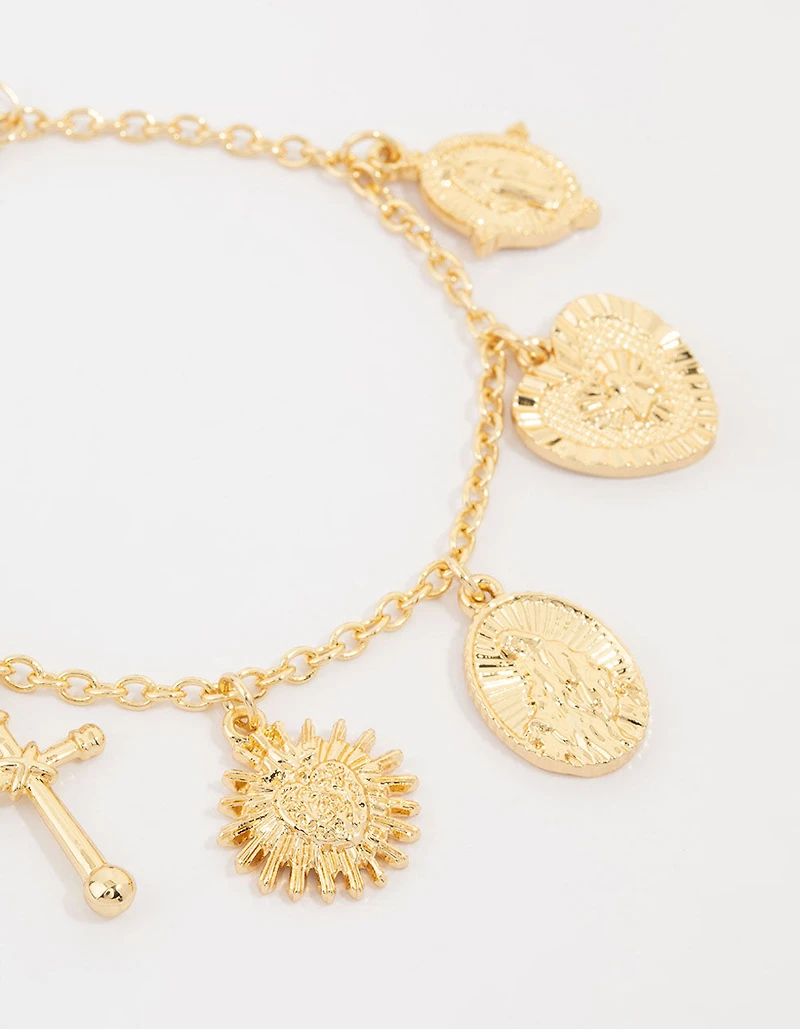 Gold Plated Cross Heart & Sun Charm Bracelet