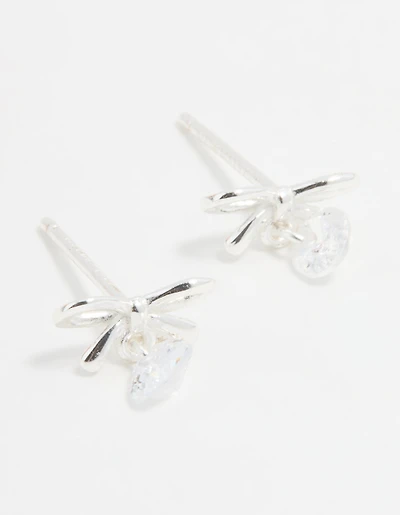 Sterling Silver Cubic Zirconia Bow & Drop Stud Earrings