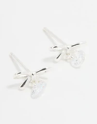 Sterling Silver Cubic Zirconia Bow & Drop Stud Earrings