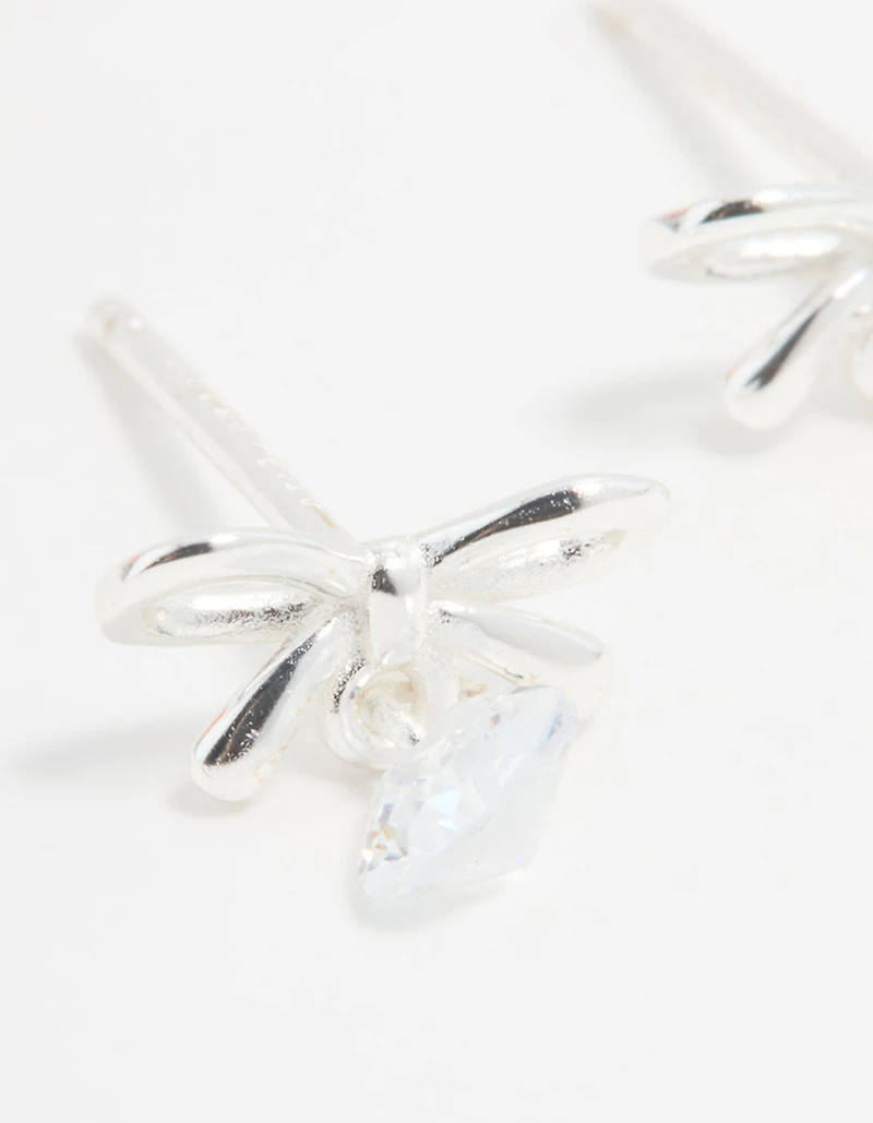 Sterling Silver Cubic Zirconia Bow & Drop Stud Earrings