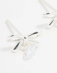 Sterling Silver Cubic Zirconia Bow & Drop Stud Earrings