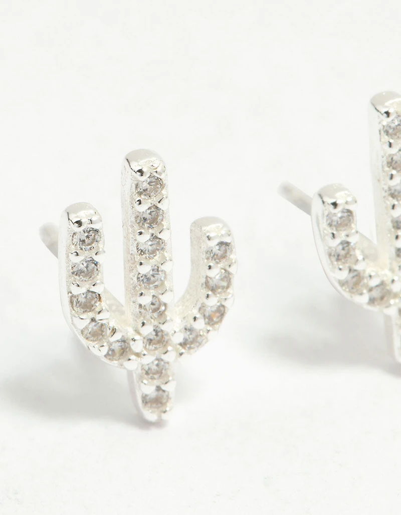 Sterling Silver Cubic Zirconia Pave Cactus Stud Earrings