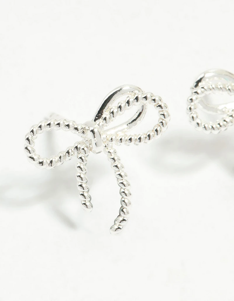 Sterling Silver Textured Thin Bow Stud Earrings