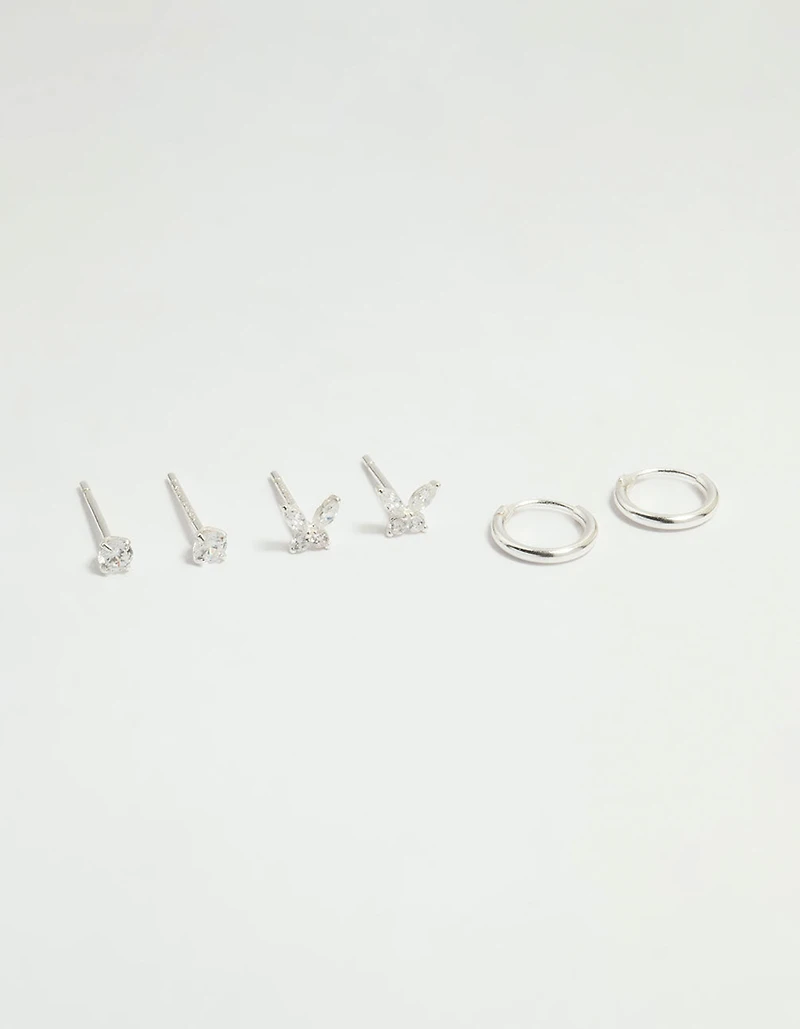 Sterling Silver Cubic Zirconia Butterfly Stud & Hoop Earrings 3-Pack