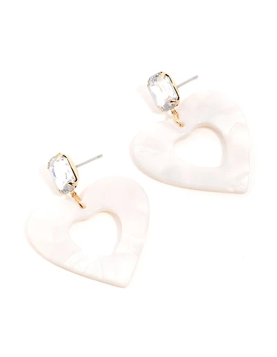 Gold Diamante Pearlised Heart Drop Earrings