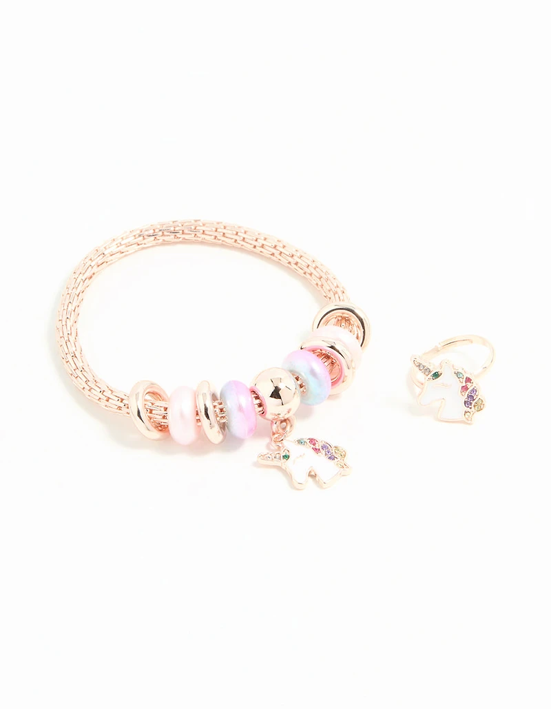 Kids Rose Gold Unicorn Stretch Bracelet & Ring Set