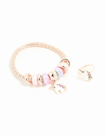 Kids Rose Gold Unicorn Stretch Bracelet & Ring Set