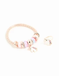 Kids Rose Gold Unicorn Stretch Bracelet & Ring Set