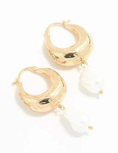 Gold Plated Pearl Drop Hoop Earrings