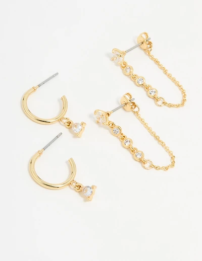 Gold Plated Cubic Zirconia Stud & Chain Earrings 2-Pack