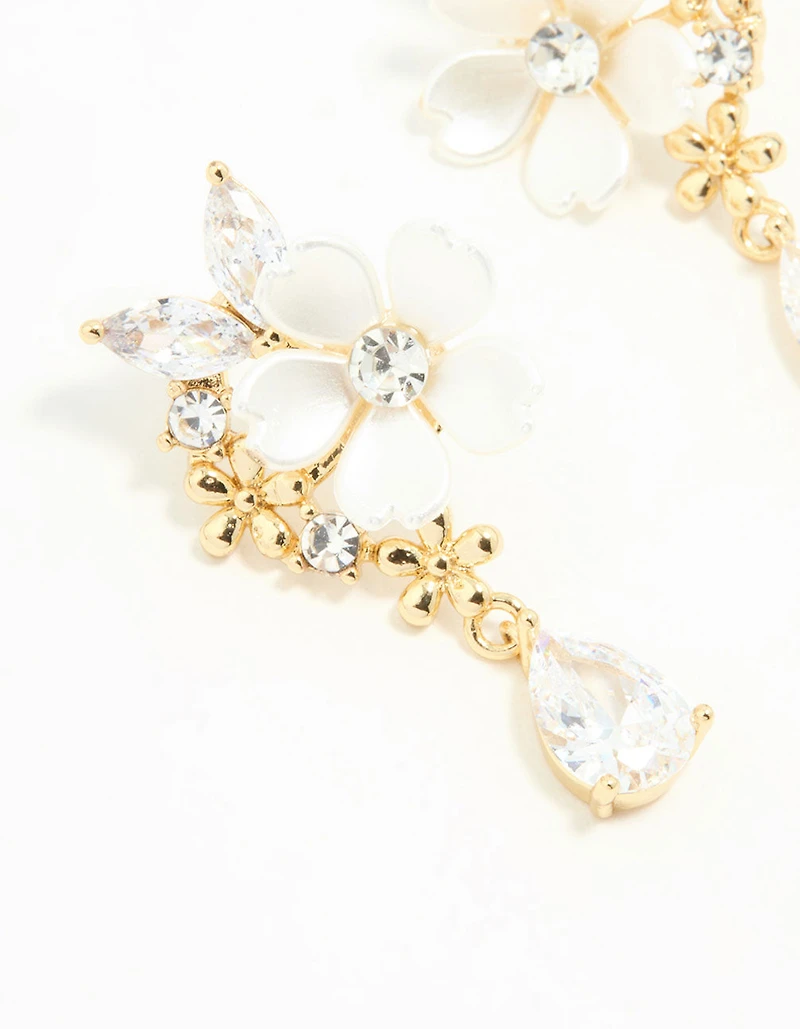 Gold Plated Cubic Zirconia Flower Drop Earrings