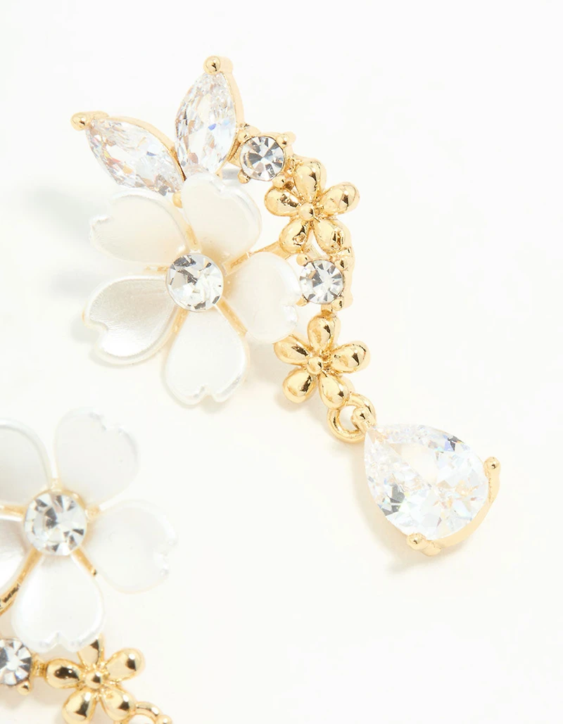 Gold Plated Cubic Zirconia Flower Drop Earrings