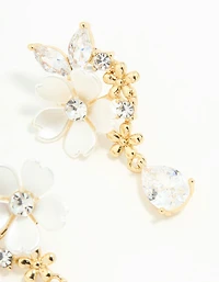 Gold Plated Cubic Zirconia Flower Drop Earrings