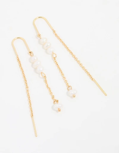 Gold Plated Freshwater Pearl Drop Threader Earrings