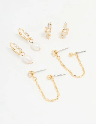 Gold Plated Cubic Zirconia Marquise Freshwater Pearl Earrings 3-Pack