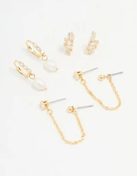 Gold Plated Cubic Zirconia Marquise Freshwater Pearl Earrings 3-Pack