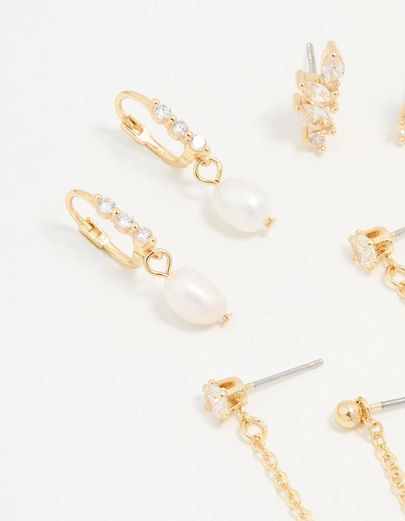 Gold Plated Cubic Zirconia Marquise Freshwater Pearl Earrings 3-Pack