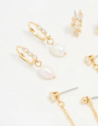 Gold Plated Cubic Zirconia Marquise Freshwater Pearl Earrings 3-Pack