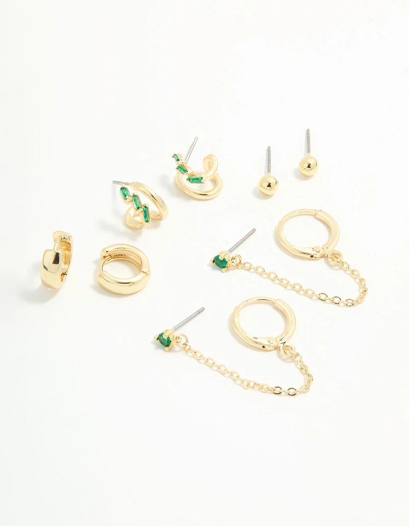 Gold Plated Green Cubic Zirconia Stacker Earrings 5-Pack