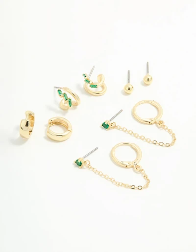 Gold Plated Green Cubic Zirconia Stacker Earrings 5-Pack