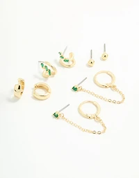 Gold Plated Green Cubic Zirconia Stacker Earrings 5-Pack