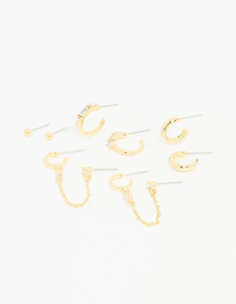 Gold Plated Diamante Hoop & Chain Drop Earrings 5-Pack