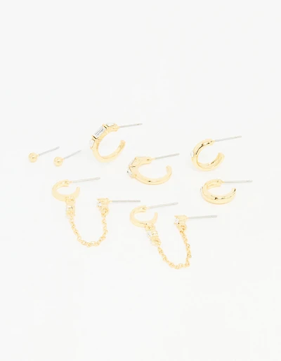Gold Plated Diamante Hoop & Chain Drop Earrings 5-Pack