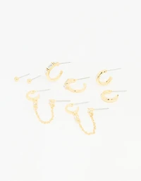 Gold Plated Diamante Hoop & Chain Drop Earrings 5-Pack