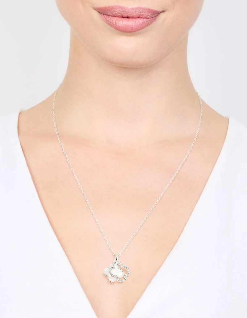 Silver Plated Diamante Outline Pendant Flower Necklace