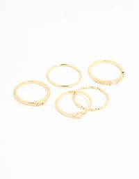 Gold Plated Cubic Zirconia & Plain Rings 5-Pack