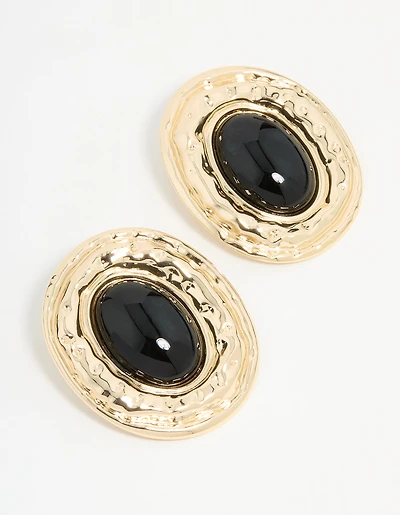 Gold Hammered Black Stone Stud Earrings
