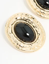 Gold Hammered Black Stone Stud Earrings