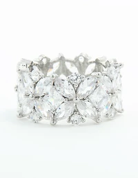 Silver Cubic Zirconia Floral Wide Band Ring