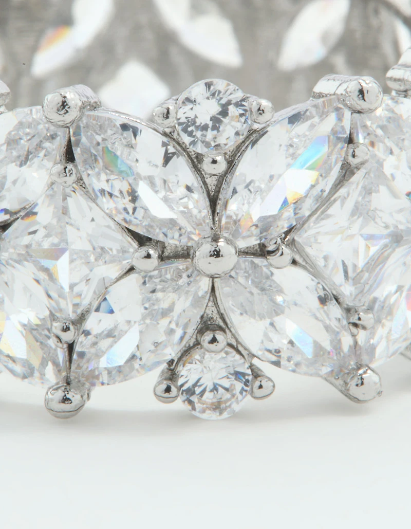 Silver Cubic Zirconia Floral Wide Band Ring