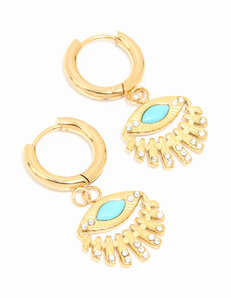 Waterproof Gold Plated Stainless Steel Fan Evil Eye Drop Earrings
